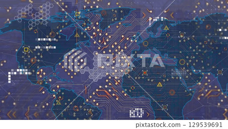 Image of computer circuit board and world map with data processing over cityscape 129539691