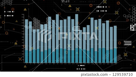 Image of graphs, data and icons on black background 129539710