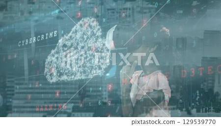Image of digital cloud and numbers over african american woman in vr headset and citycsape Image of digital cloud and numbers over african american woman in vr headset and citycsape 129539770