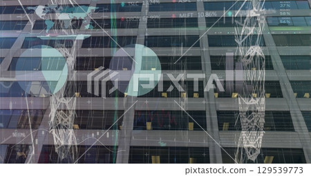 Image of financial graphs and data over office building 129539773
