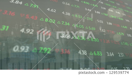 Image of financial graphs and data over cityscape 129539774