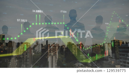 Image of financial graphs and data over cityscape and people silhouettes 129539775