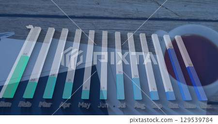 Image of statistical data processing over close up of a digital tablet and coffee cup 129539784