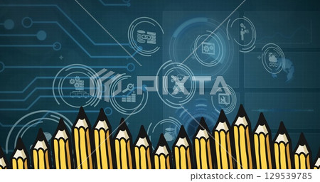 Image of pencils moving over business icons connecting on blue motherboard 129539785