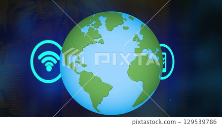Image of globe with wifi icons over dark background 129539786