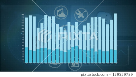 Image of blue graph processing data over business icons and globe on blue background Image of blue graph processing data over business icons and globe on blue background 129539789