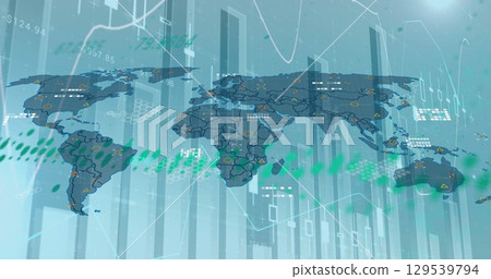 Image of graphs and world map on blue background 129539794