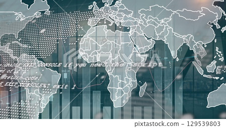 Displaying digital world map visualization on office glass panel, with charts and code overlays 129539803