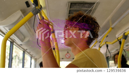 Image of pink nft text over thoughtful caucasian man travelling on bus Image of pink nft text over thoughtful caucasian man travelling on bus 129539836