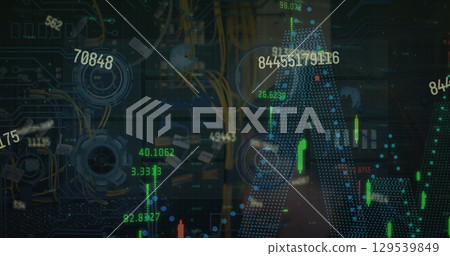 Image of graphs and data processing on interface with black background Image of graphs and data processing on interface with black background 129539849