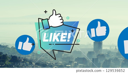 Image of like and like icons over cityscape Image of like and like icons over cityscape 129539852