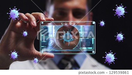 Image of virus purple cells over caucasian male doctor with digital card with virus data Image of virus purple cells over caucasian male doctor with digital card with virus data 129539861