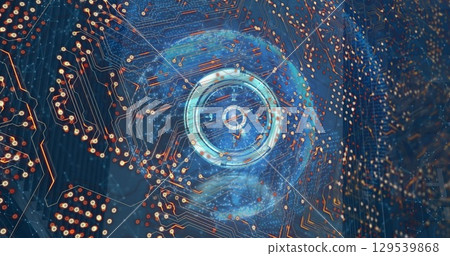 Image of scope scanning and computer circuit board with globe 129539868