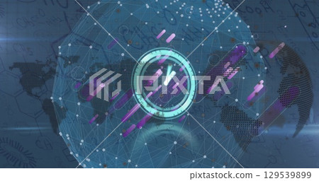 Image of globe, clock, purple shapes and connections over navy background Image of globe, clock, purple shapes and connections over navy background 129539899