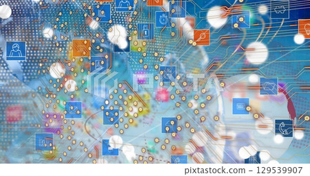 Image of integrated circuit over tech icons, globe and blue background 129539907