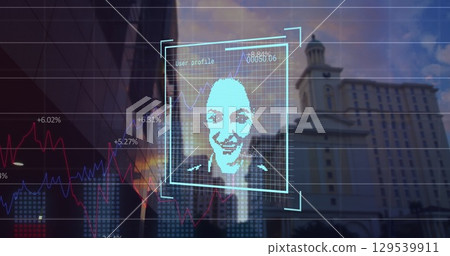 Image of financial data and user photos over cityscape 129539911