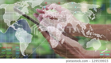 Image of world map and financial data over hands of caucasian woman using smartphone 129539915