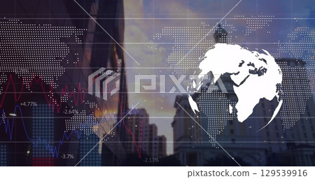 Image of globe, world map and financial data over cityscape 129539916