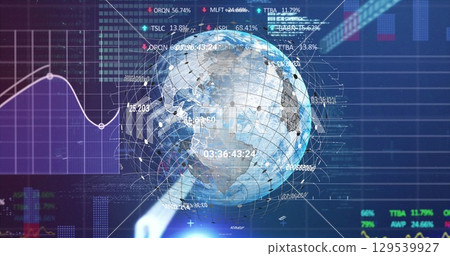 Image of globe and financial data over navy digital space 129539927