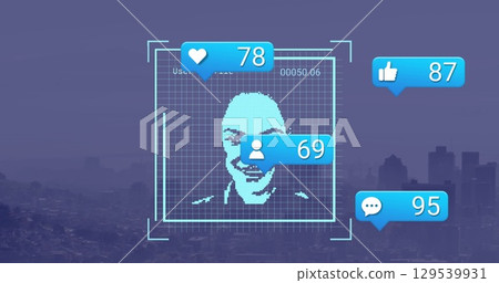 Image of social media reactions and photos over cityscape Image of social media reactions and photos over cityscape 129539931