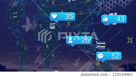 Image of social media reactions, world map and icons over cityscape 129539961