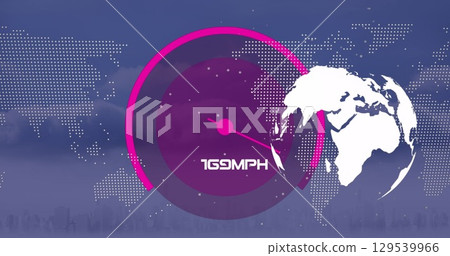 Image of speedometer, globe and world map over cityscape 129539966