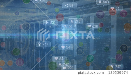 Image of social media reaction and tech icons over servers 129539974