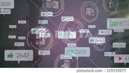 Image of social media reaction and tech icons over buildings Image of social media reaction and tech icons over buildings 129539977