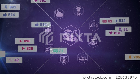 Image of tech icons and social media reactions on violet background Image of tech icons and social media reactions on violet background 129539979