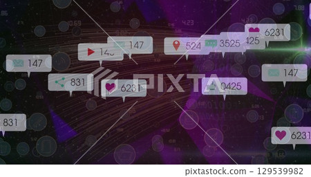 Image of media icons and confetti over road Image of media icons and confetti over road 129539982