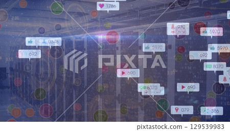 Image of social media reaction and tech icons over servers 129539983