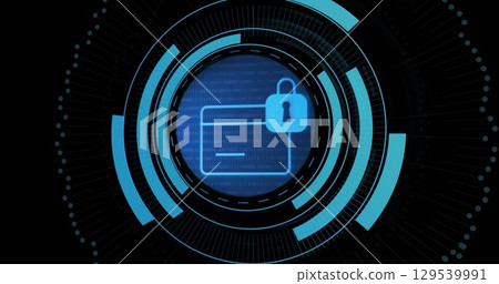 Image of card and digital padlock in processing circle on black background Image of card and digital padlock in processing circle on black background 129539991