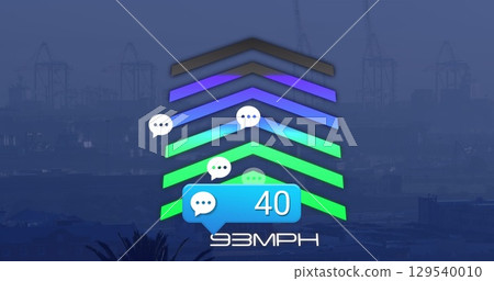 Image of social media reactions and speedometer over cityscape Image of social media reactions and speedometer over cityscape 129540010