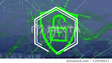 Image of digital padlock and lines over cityscape Image of digital padlock and lines over cityscape 129540011