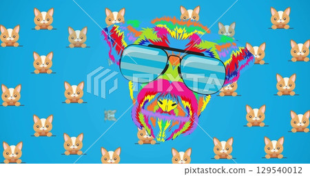 Image of cats over colorful dog in glasses on blue background Image of cats over colorful dog in glasses on blue background 129540012