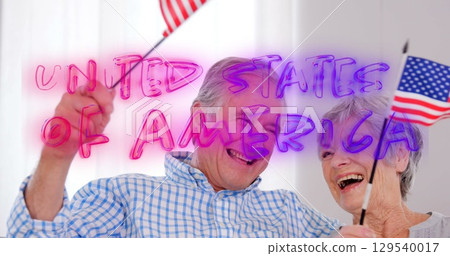 Image of united states of america over caucasian senior couple 129540017