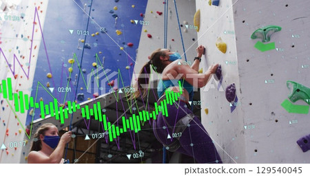 Image of data processing over caucasian women climbing Image of data processing over caucasian women climbing 129540045
