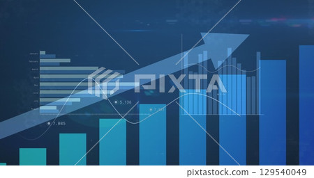 Image of diverse graphs and arrow on blue background 129540049