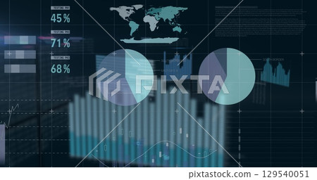 Image of diverse graphs and financial data on black background Image of diverse graphs and financial data on black background 129540051