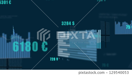Image of diverse graphs and financial data on navy background Image of diverse graphs and financial data on navy background 129540053