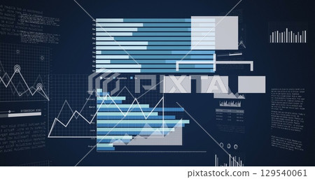 Image of diverse graphs and financial data on navy background Image of diverse graphs and financial data on navy background 129540061