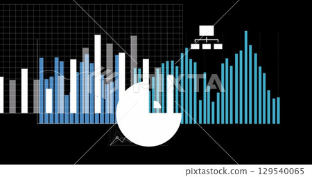 Image of diverse graphs and financial data on black background 129540065