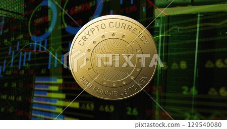 Image of coin with nft and graphs over servers 129540080