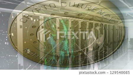 Image of coin with nft and shapes over servers 129540085