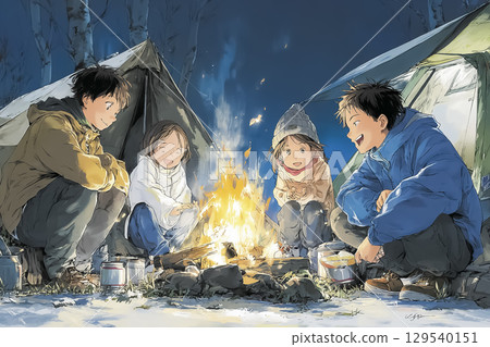 Friends enjoying a bonfire at a campsite Friends enjoying a bonfire at a campsite 129540151