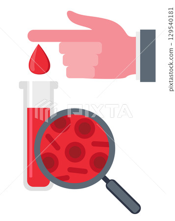 Blood tests. Hematology concept with red blood cell in test tube and magnifying glass 129540181