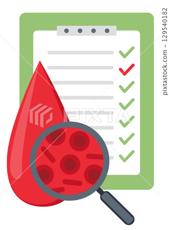 Blood tests. Hematology concept with red blood cell  and magnifying glass 129540182
