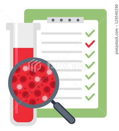Blood tests. Hematology concept with red blood cell in test tube and magnifying glass 129540190