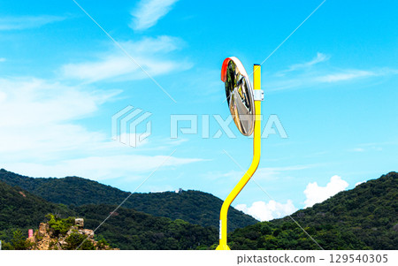 Summer scenery with blue sky and a convex mirror 129540305