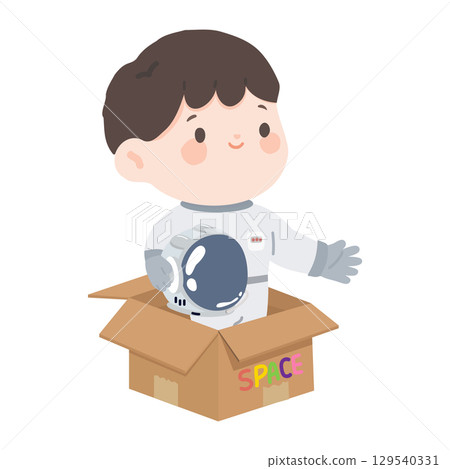 Cartoon Boy Astronaut in Cardboard Box Illustration Cartoon Boy Astronaut in Cardboard Box Illustration 129540331
